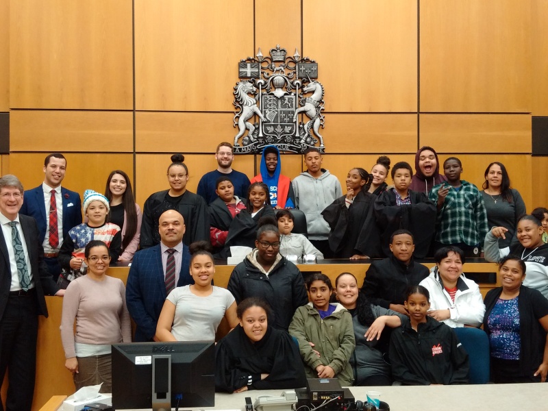 A group shot of Halifax students participating in a visit to the Law Courts.
