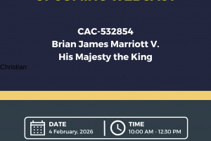 A graphic with the words "Nova Scotia Court of Appeal. Upcoming Webcast. CAC-532854 - Brian James Marriott V. His Majesty the King. Date: 4 February, 2026. Time: 10:00 am - 12:30 pm. Courts.ns.ca/operations/webcasts."