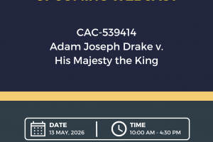 A graphic with the words "Nova Scotia Court of Appeal. Upcoming webcast. CAC-539414 - Adam Joseph Drake v. His Majesty the King. Date: 13 May, 2026. Time: 10:00 a.m. - 4:30 p.m. Courts.ns.ca/operations/webcasts.